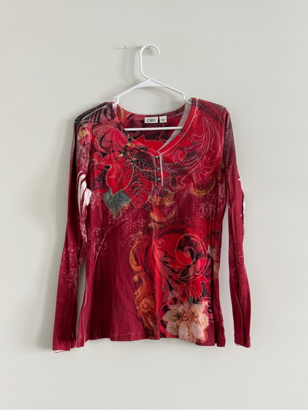 Cato Red Multi-Print Long Sleeve V-Neck Top